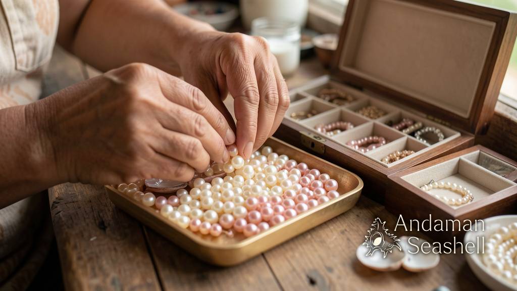 Hands sorting luminous pearls on a wooden counter