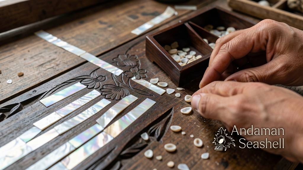 Macro view of shell strips and carved floral inlay details