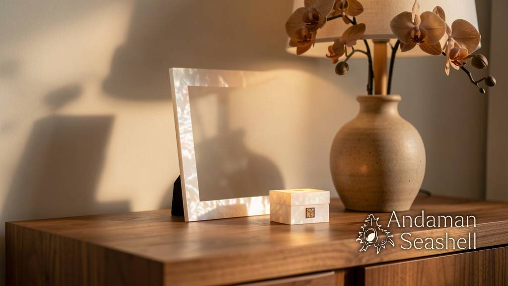 Completed mother-of-pearl frame and inlaid box in a calm late-afternoon room