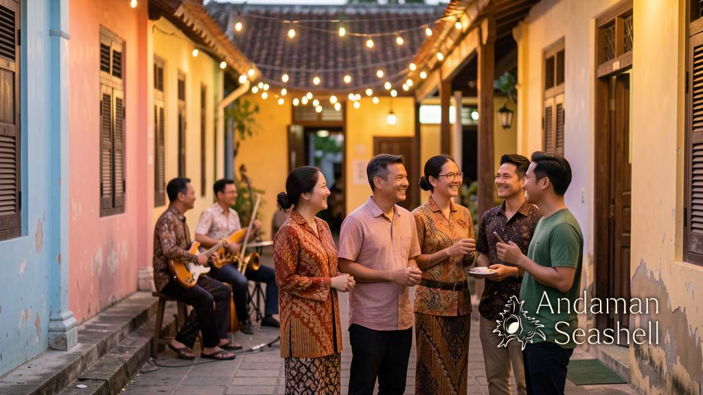 Friends enjoying a calm late-evening heritage atmosphere after a light show in Phuket Old Town