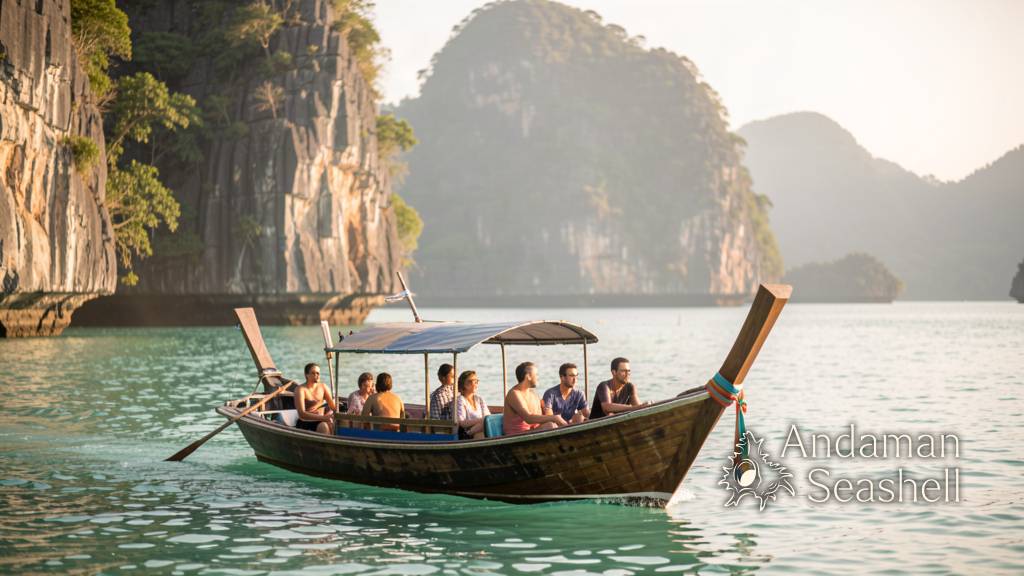 เรือหางยาวแล่นผ่านหน้าผาหินปูนของพีพีในแสงบ่ายอุ่นสงบ