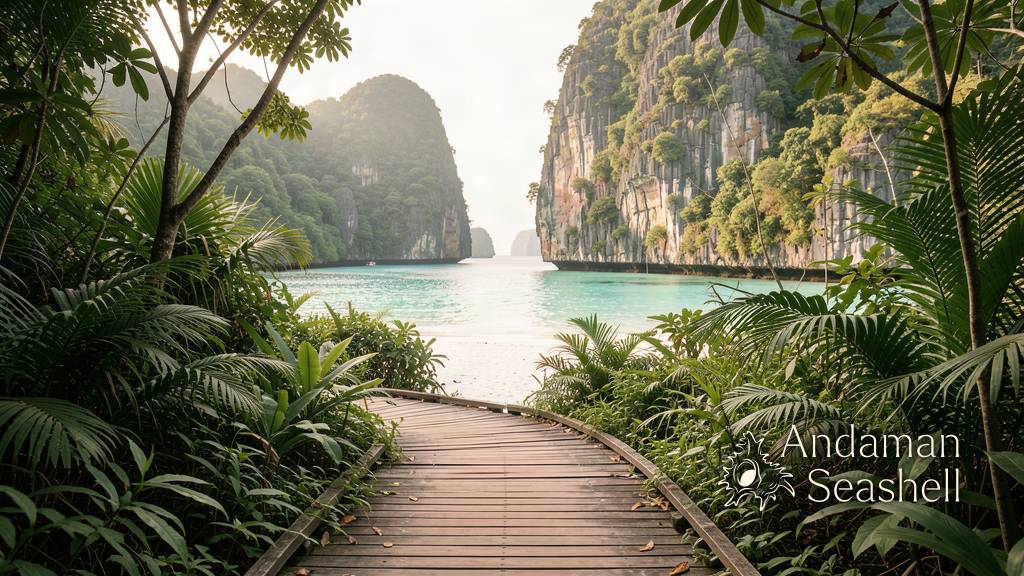 มุมมองผ่านช่องเขาหินปูนเข้าสู่อ่าวมาหยากับน้ำสีฟ้าใสและหาดทรายอ่อน