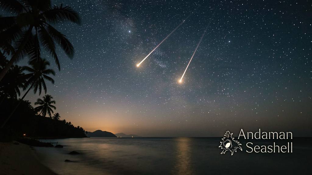 A bright Perseid meteor streaking across a dark star-filled night sky, visible over a silhouetted coastline with gentle ocean waves