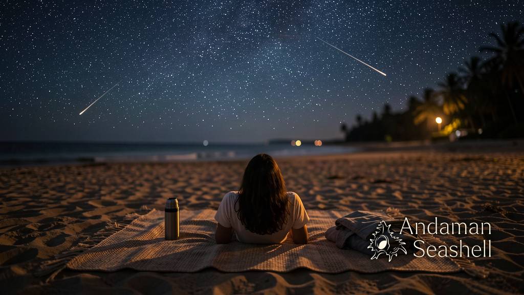 A person lying on a blanket on a dark beach at night, looking up at a sky full of stars with a few meteors visible, peaceful and cozy atmosphere