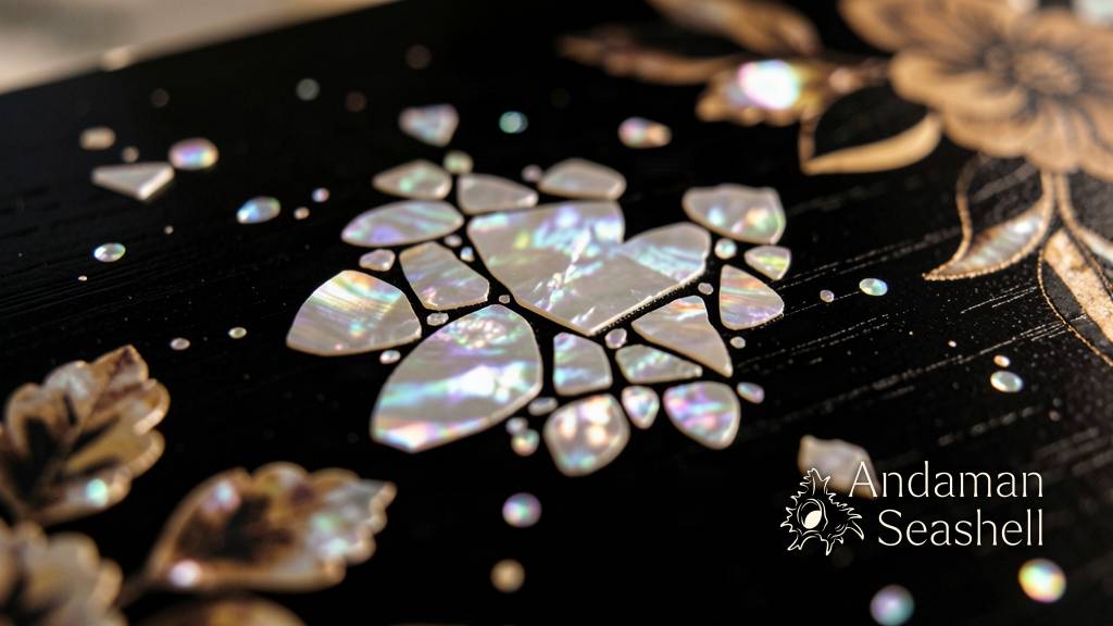 Detail of mother-of-pearl inlay shimmering on dark lacquered wood