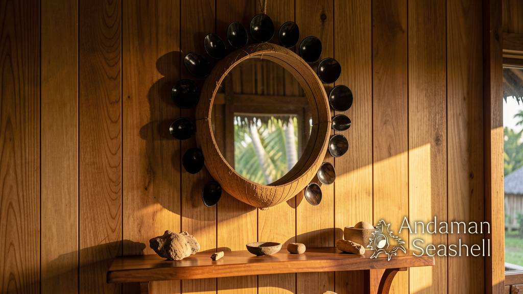 Coconut shell mirror catching warm afternoon light on a teak shelf