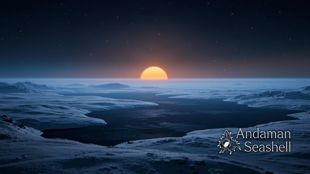 Calm icy exoplanet landscape beneath a dim orange sun