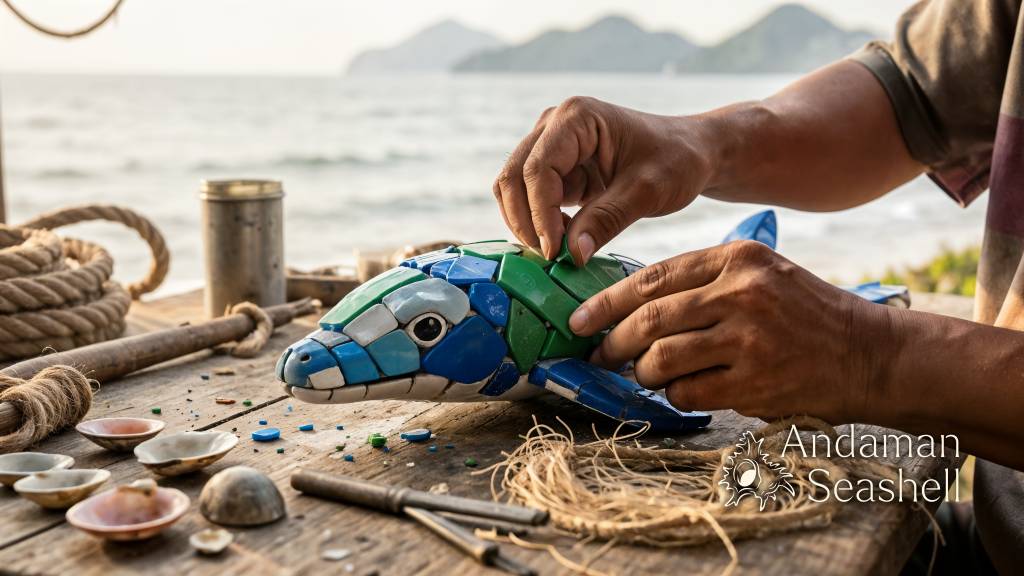Hands making recycled-material dugong art at a workshop table