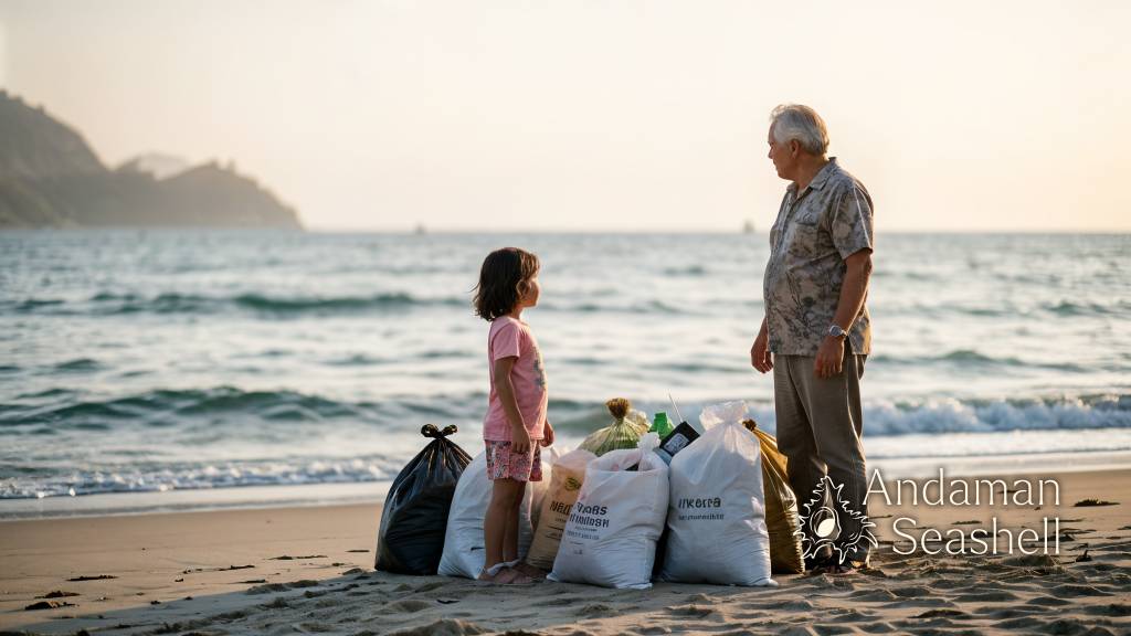 Volunteers look out over the shoreline after a beach clean-up
