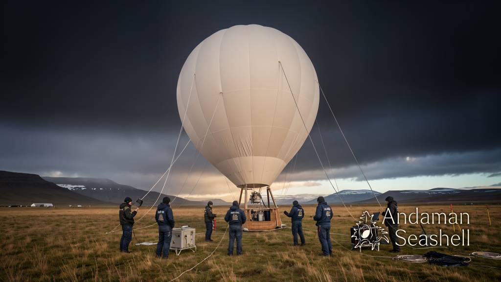 A research balloon team in Iceland preparing instruments in an open field under an eclipse-darkening sky