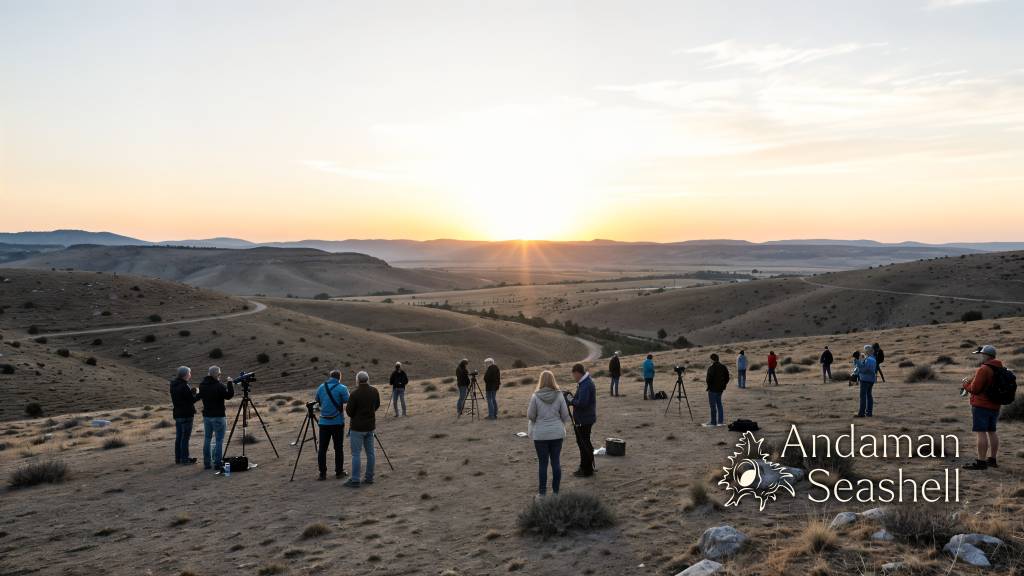 A wide view of eclipse watchers gathering on highland ground in Spain as the Sun lowers toward the horizon