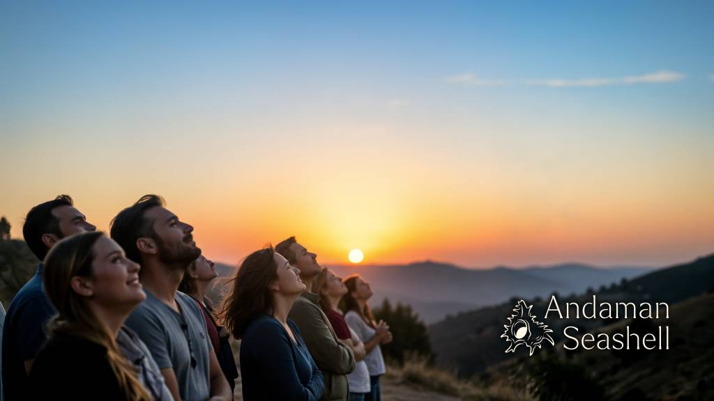 Friends on a Spanish hillside watching the dim post-eclipse sky turn from gold into blue twilight