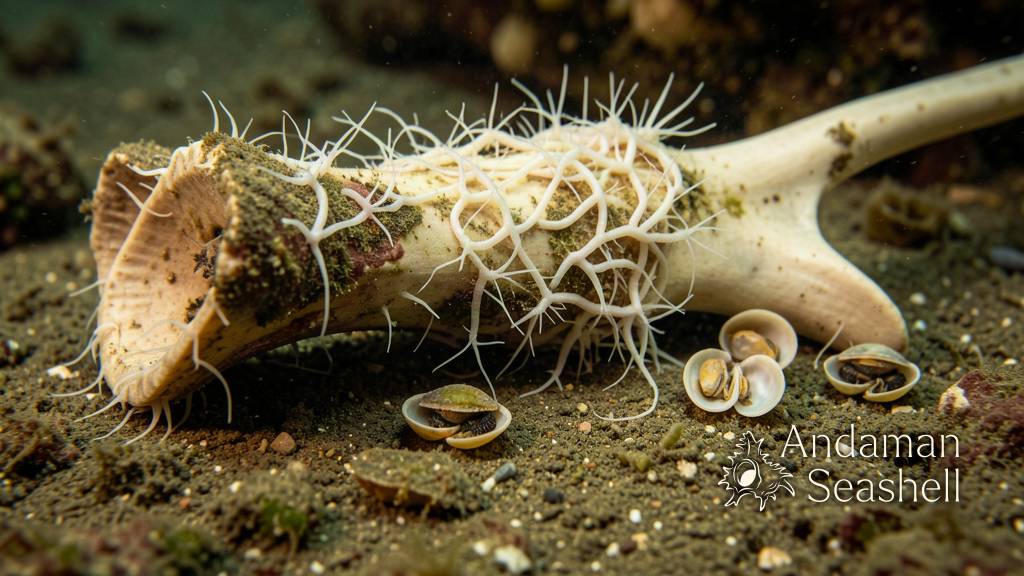Close-up of whale vertebrae with Osedax worms and brittle stars