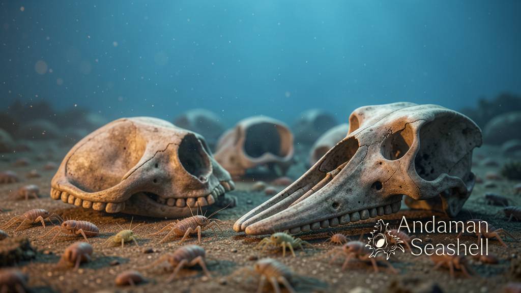 Ancient whale bones with small deep-sea life gathered around them