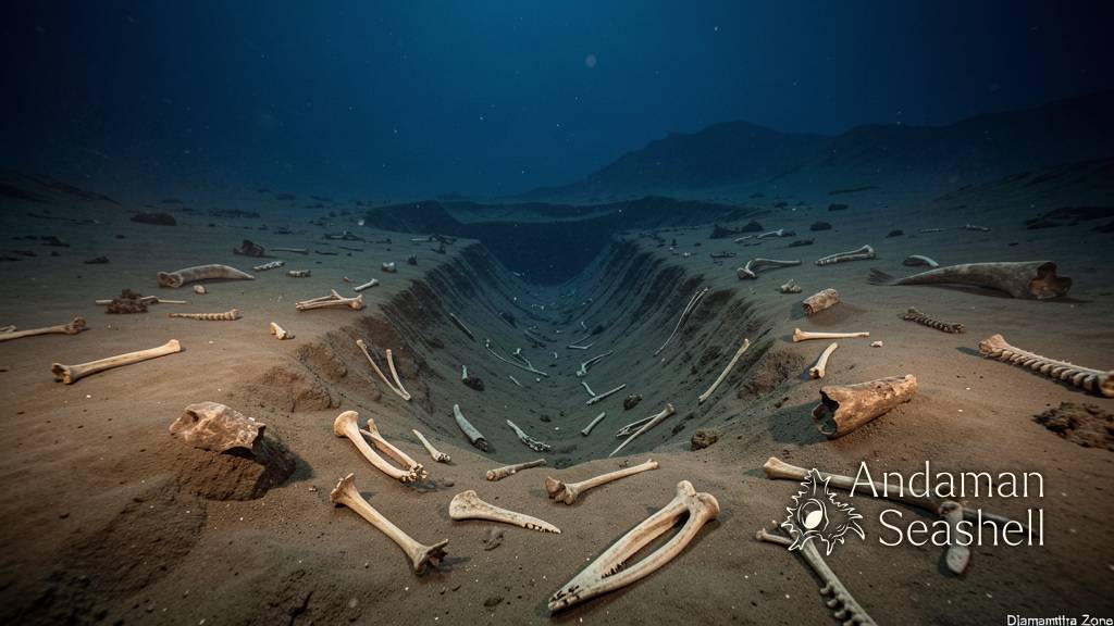 Submersible above scattered whale bones on the deep seafloor