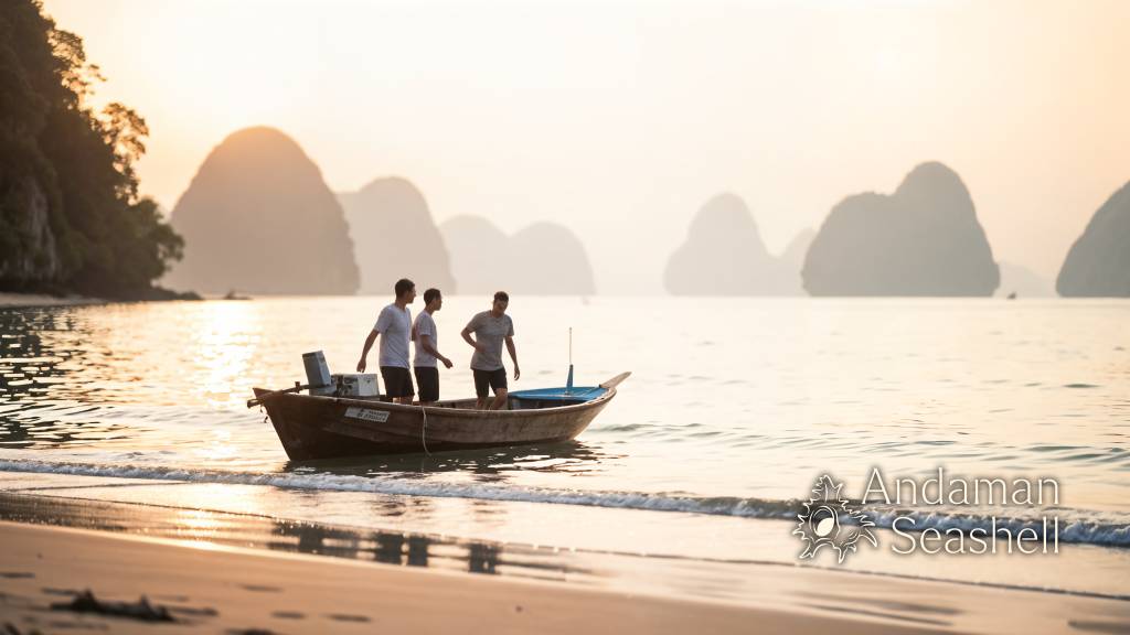 Visitors stepping into a local boat from Lawa Yai in late-afternoon light
