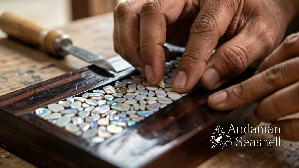 Artisan hands placing shell pieces into lacquered wood for mother-of-pearl inlay