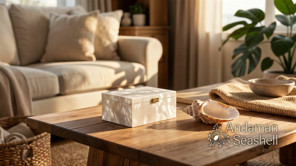 Finished mother-of-pearl box on teak table in a calm coastal room