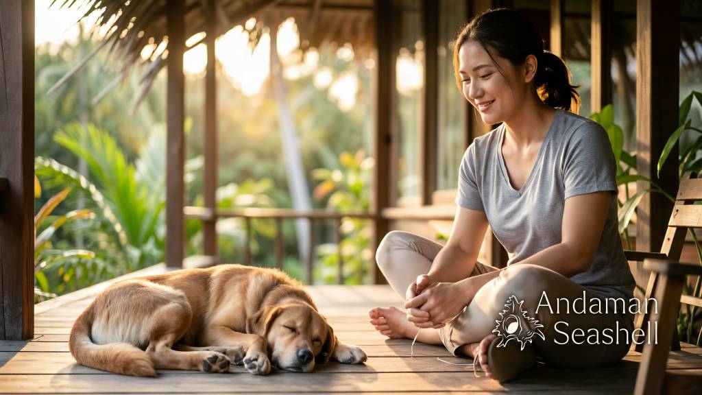 สุนัขช่วยเหลือนอนหลับอย่างสบายบนเฉลียงข้างผู้ดูแลอุปการะ
