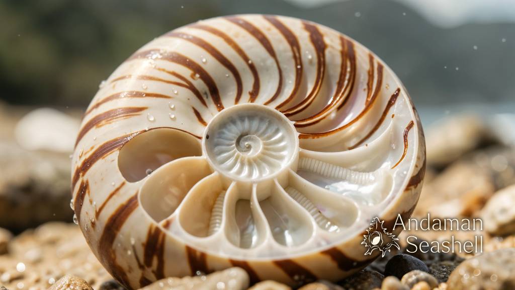 Close-up of the nautilus shell chambers and pearly interior