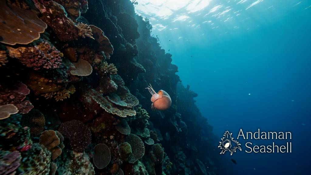 A chambered nautilus rising along a reef slope at dusk