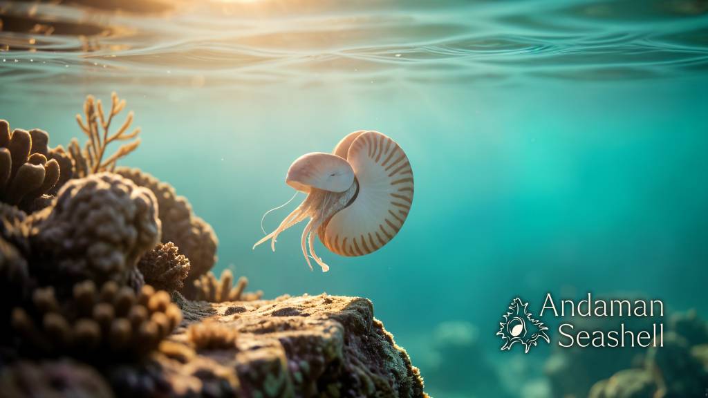 A calm nautilus hovering above a quiet reef ledge in late light