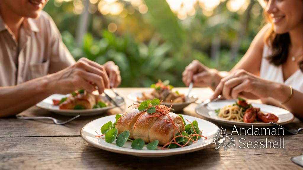 Lobster brioche with herbs in a calm tropical dining setting