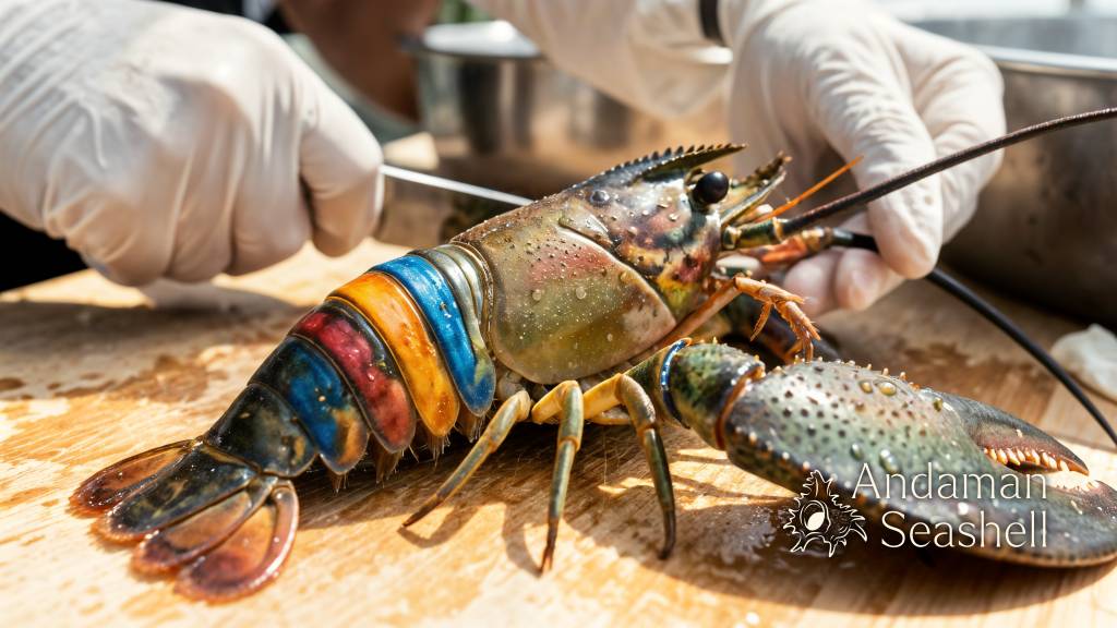 Close-up of Phuket seven-colour lobster shell and preparation detail