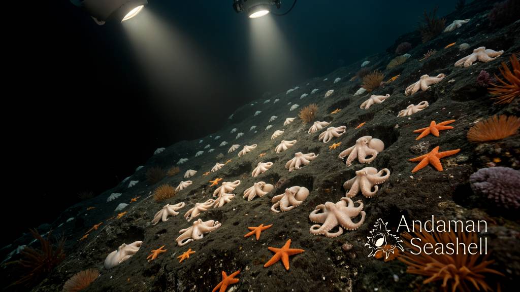 Wide view of the Octopus Garden ridge with pearl octopuses nesting among dark volcanic crevices