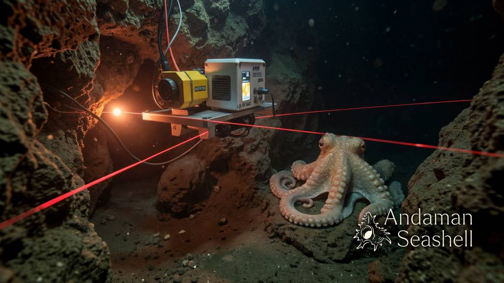 MBARI survey robot scanning the seafloor with mapping sensors near a nesting octopus