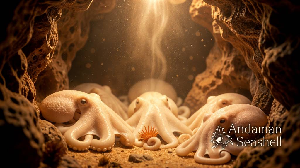 Calm closing view of pearl octopus mothers resting in warm crevices at the Octopus Garden