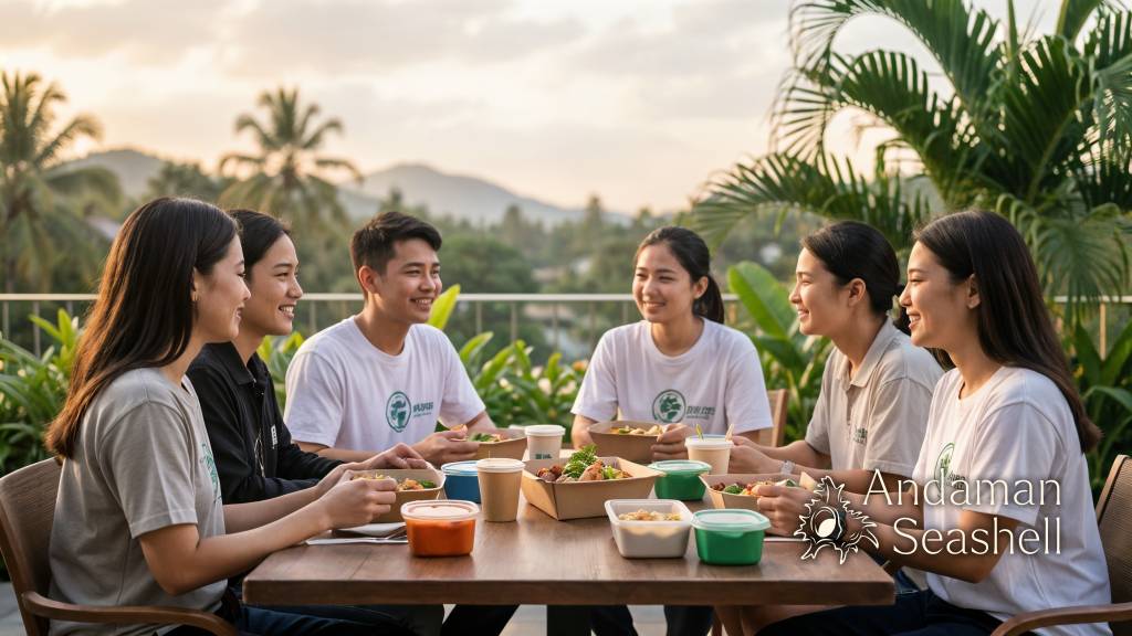 Students and staff sharing ready-to-eat meal boxes after a sustainability event