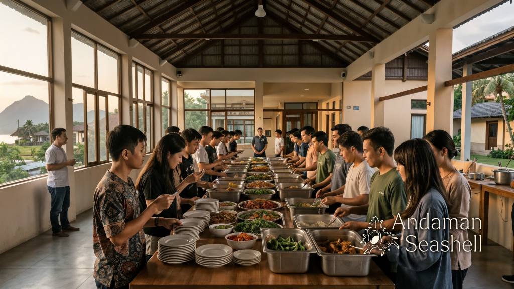 Thai university students gathering around a community food table in Phuket