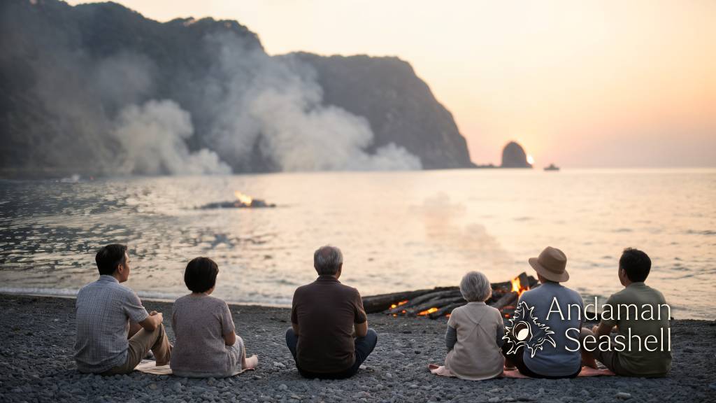 ครอบครัวนั่งดูแสงสุดท้ายของดอกไม้ไฟเหนือชายหาดและหน้าผา