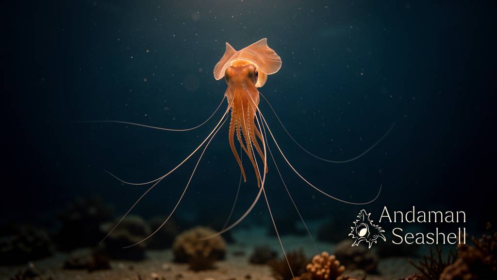 หมึก bigfin squid ลอยนิ่งในน้ำลึกพร้อมหนวดยาวบางและบรรยากาศสงบชวนค้นหา
