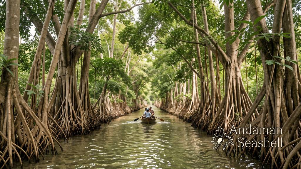 A paddle boat moves quietly beneath giant banyan roots in Takua Pa’s Little Amazon