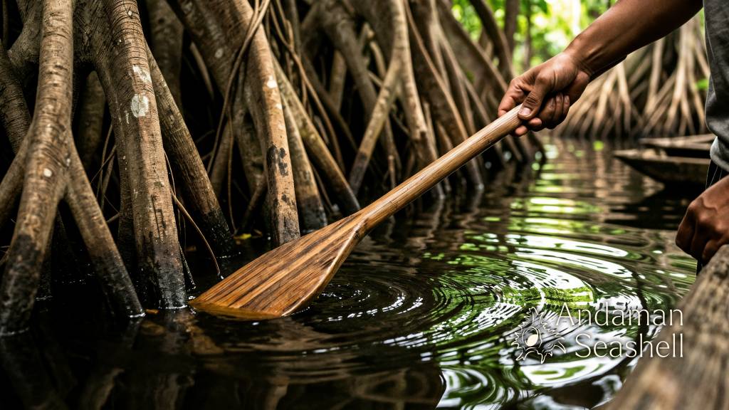 Close-up of a wooden paddle beside tangled banyan roots and calm green water