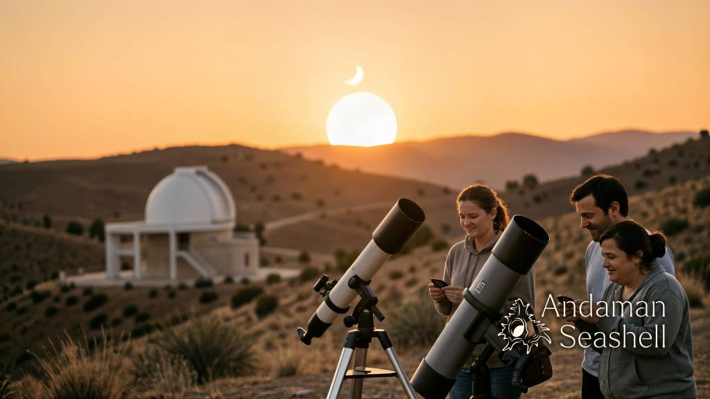Warm sunlight returns over Spanish hills as viewers lower eclipse glasses beside a telescope