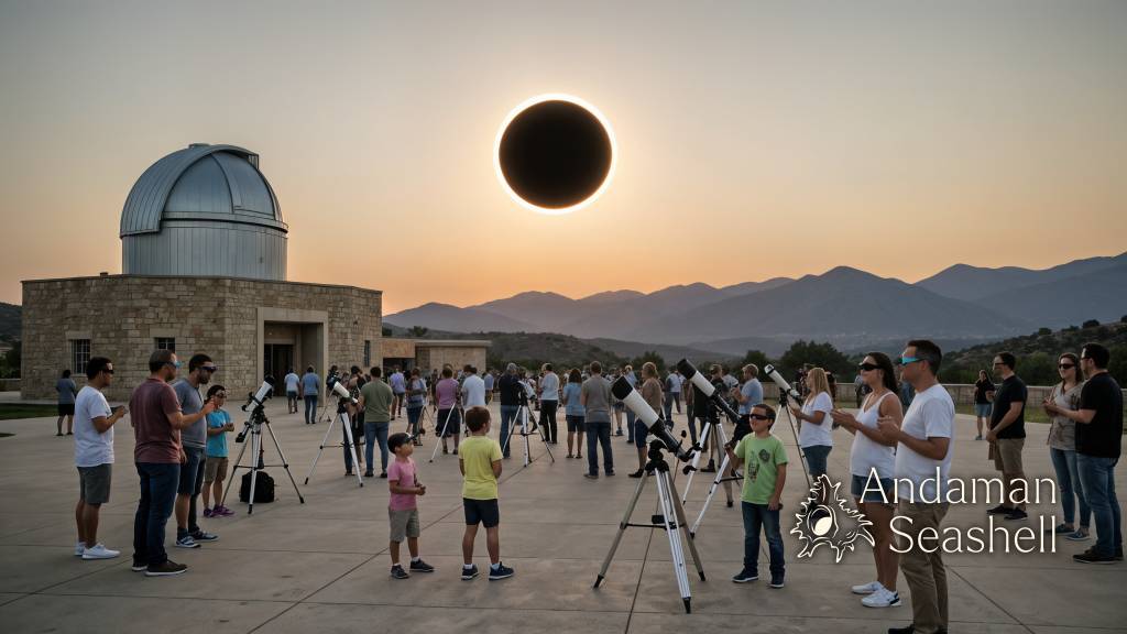 The Moon fully covers the Sun above Spain as the white corona spreads into the sky
