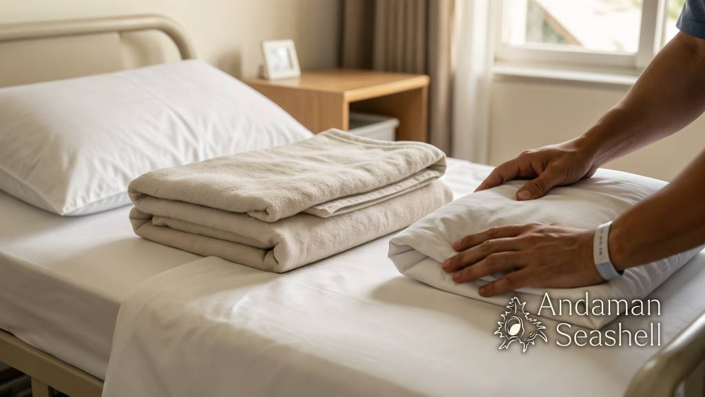 A prepared patient bed, folded bedding, and a wristband show the practical details that make the stay system work.