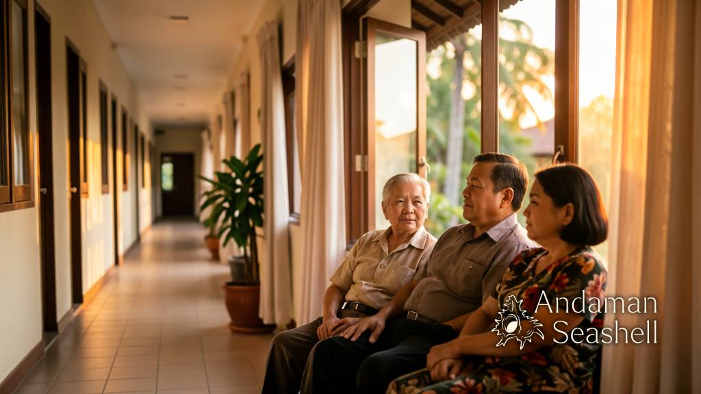 An older patient and family resting together by a window capture the quiet relief this new Phuket facility can offer.