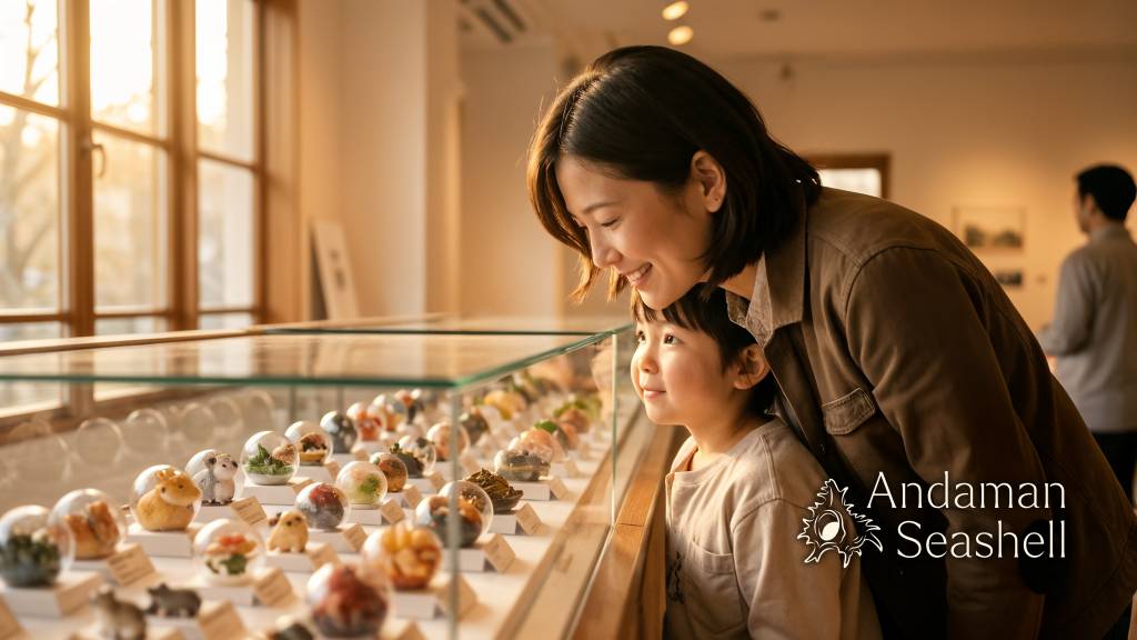 A gentle final moment with visitors studying tiny Japanese figures in a gallery