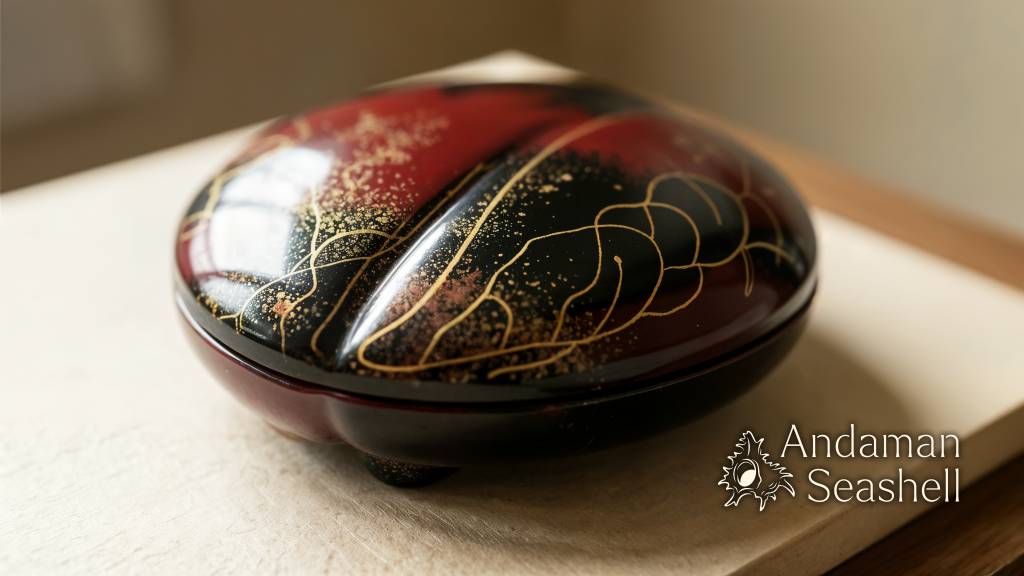 Close-up of a clam-shaped lacquer incense box with gold detailing