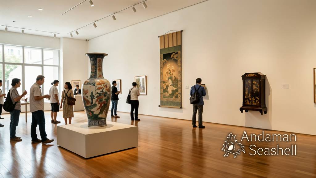 Wide view of Japanese craft objects in a quiet gallery