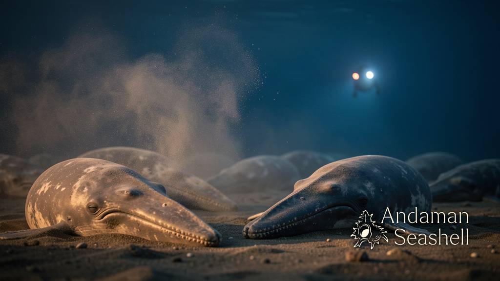 Ancient whale skulls resting in quiet blue darkness with marine snow drifting past