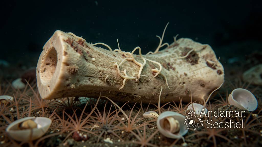 Macro view of whale vertebra with brittle stars, bivalves, and bone-boring worms
