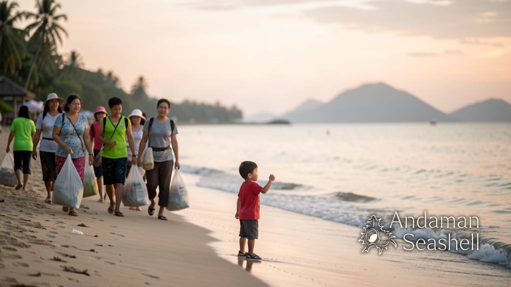 Families and volunteers walking the shoreline after a coastal clean-up