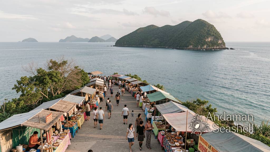 Community craft stalls and sea view at Laem Phromthep