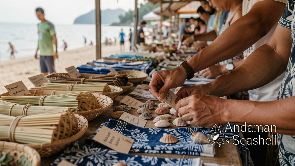 Artisan hands arranging handmade Andaman craft products