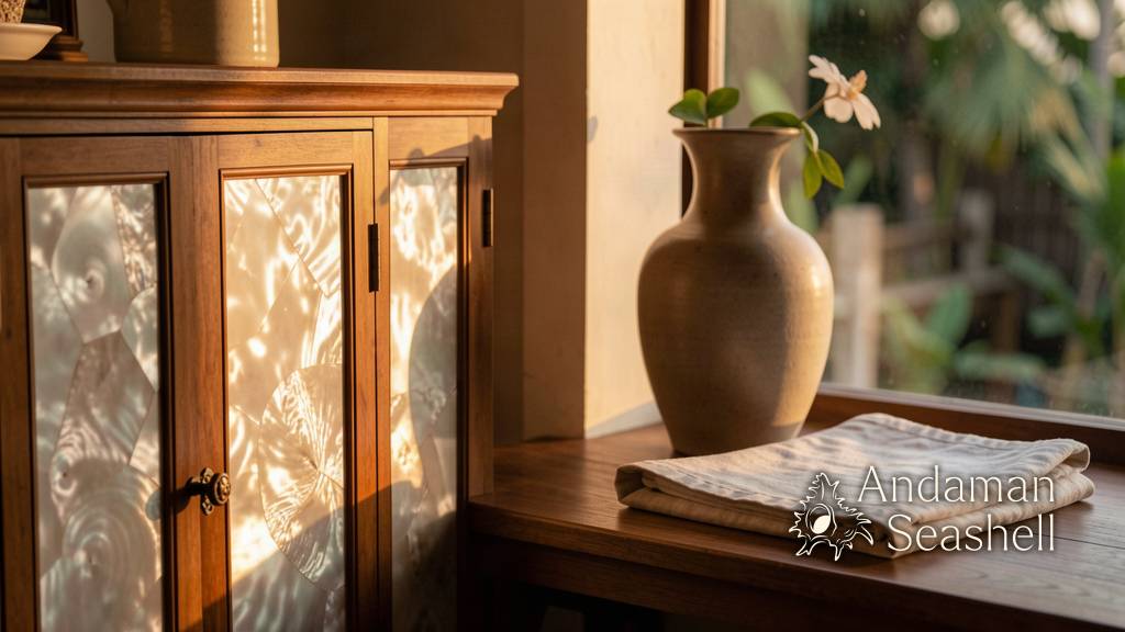 A calm home corner with a shell-inlaid cabinet in soft late light